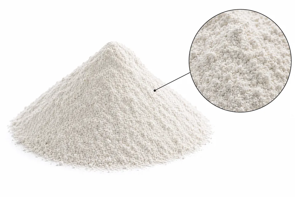 Referencia visual de celulosa HPMC: montículo de polvo blanco brillante sobre fondo blanco y detalle de microgrumos mate