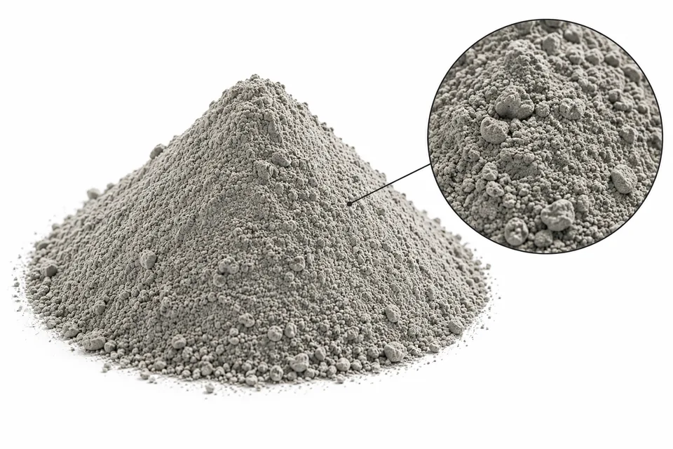 Referencia visual de cemento de aluminato de calcio: montículo de polvo gris medio sobre fondo blanco y detalle de microagregados mate