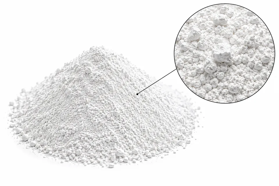 Referencia visual de dióxido de titanio: montículo de polvo blanco brillante sobre fondo blanco y detalle de microagregados