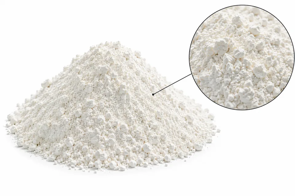 Referencia visual de éter de almidón: montículo de polvo blanco brillante sobre fondo blanco y detalle de grumos blandos aireados