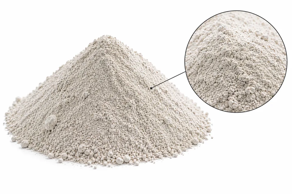 Referencia visual de metacaolín: montículo de polvo blanco apagado a crema sobre fondo blanco y detalle de partículas granulares mate