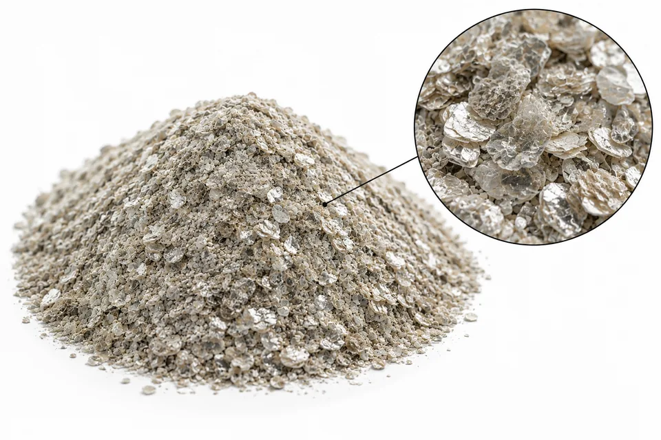 Referencia visual de mica: montículo de escamas gris plateadas sobre fondo blanco y detalle de láminas translúcidas con brillo nacarado