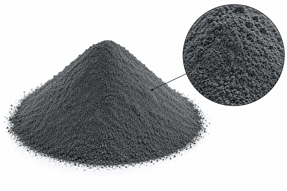Referencia visual de microsílice: montículo de polvo gris carbón sobre fondo blanco y detalle de microgrumos ultrafinos