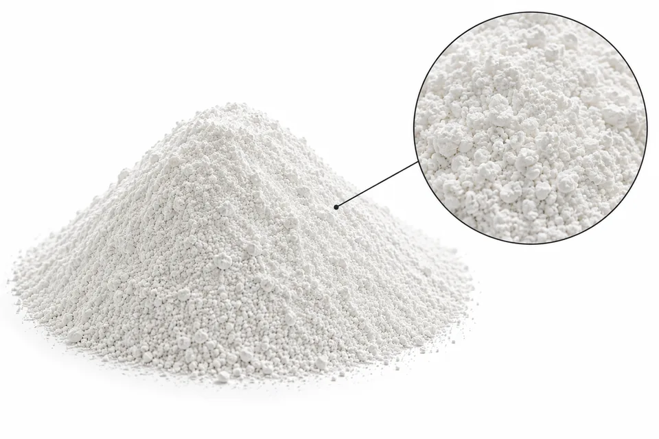Referencia visual de polímero redispersable VAE: montículo de polvo blanco granular sobre fondo blanco y detalle de racimos irregulares mate