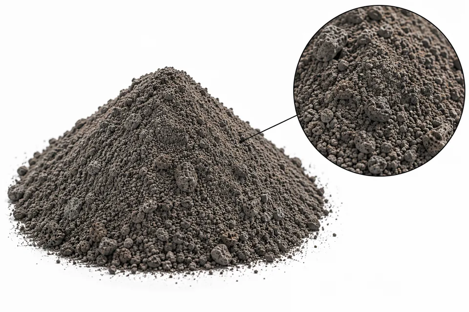 Referencia visual de puzolana volcánica: montículo de gránulos gris oscuro sobre fondo blanco y detalle de partículas vesiculares y porosas
