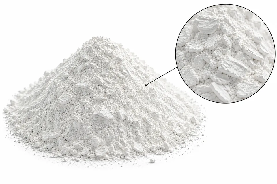 Referencia visual de talco: montículo de polvo blanco sobre fondo blanco y detalle de láminas finas e irregulares