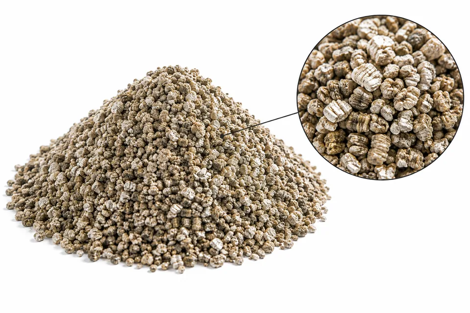 Referencia visual de vermiculita expandida: montículo de gránulos beige a dorado sobre fondo blanco y detalle de escamas foliadas tipo acordeón