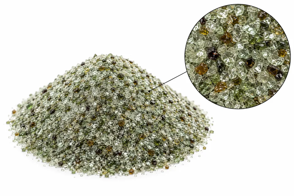 Referencia visual de vidrio molido: montículo de fragmentos angulares claros, verdes y ámbar sobre fondo blanco y detalle de textura