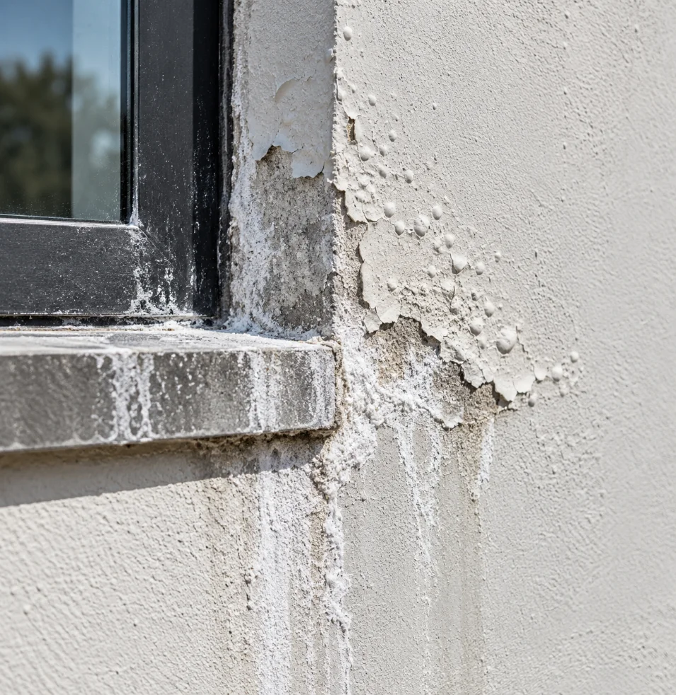Fachada con pintura ampollada y manchas de salitre por un acabado sellado