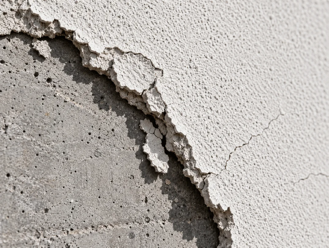 Estuco convencional desprendido sobre un sustrato liso de concreto