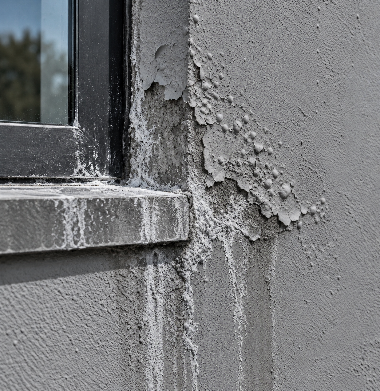 Fachada gris con pintura ampollada y manchas de salitre por un acabado sellado